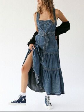 Denim Tiered Maxi Jumper Dress in Blue
